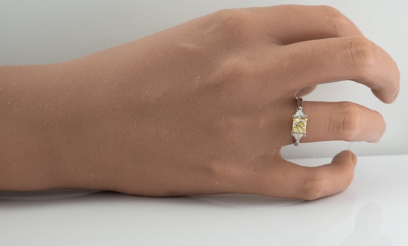 Fancy Yellow Diamond Ring, Vintage 18K White Gold Engagement Wedding Three Stone Ring.