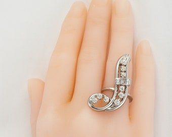 Curved Diamond Ring, 14K White Gold, Vintage Estate  Curvy 1970s
