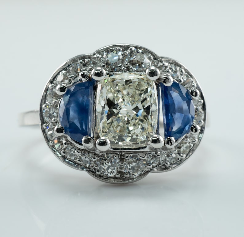 Diamond Blue Ceylon Sapphire Ring, VIntage Estate 14K Gold 1.58 TDW image 1