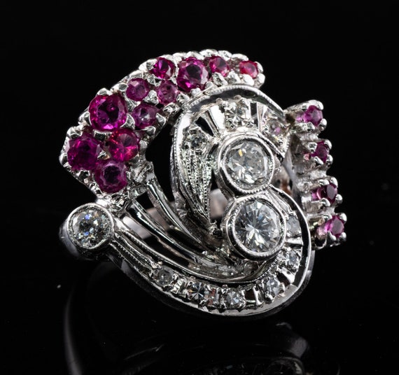 Art Deco Diamond Ruby Ring, Vintage Gold Spiral - image 3