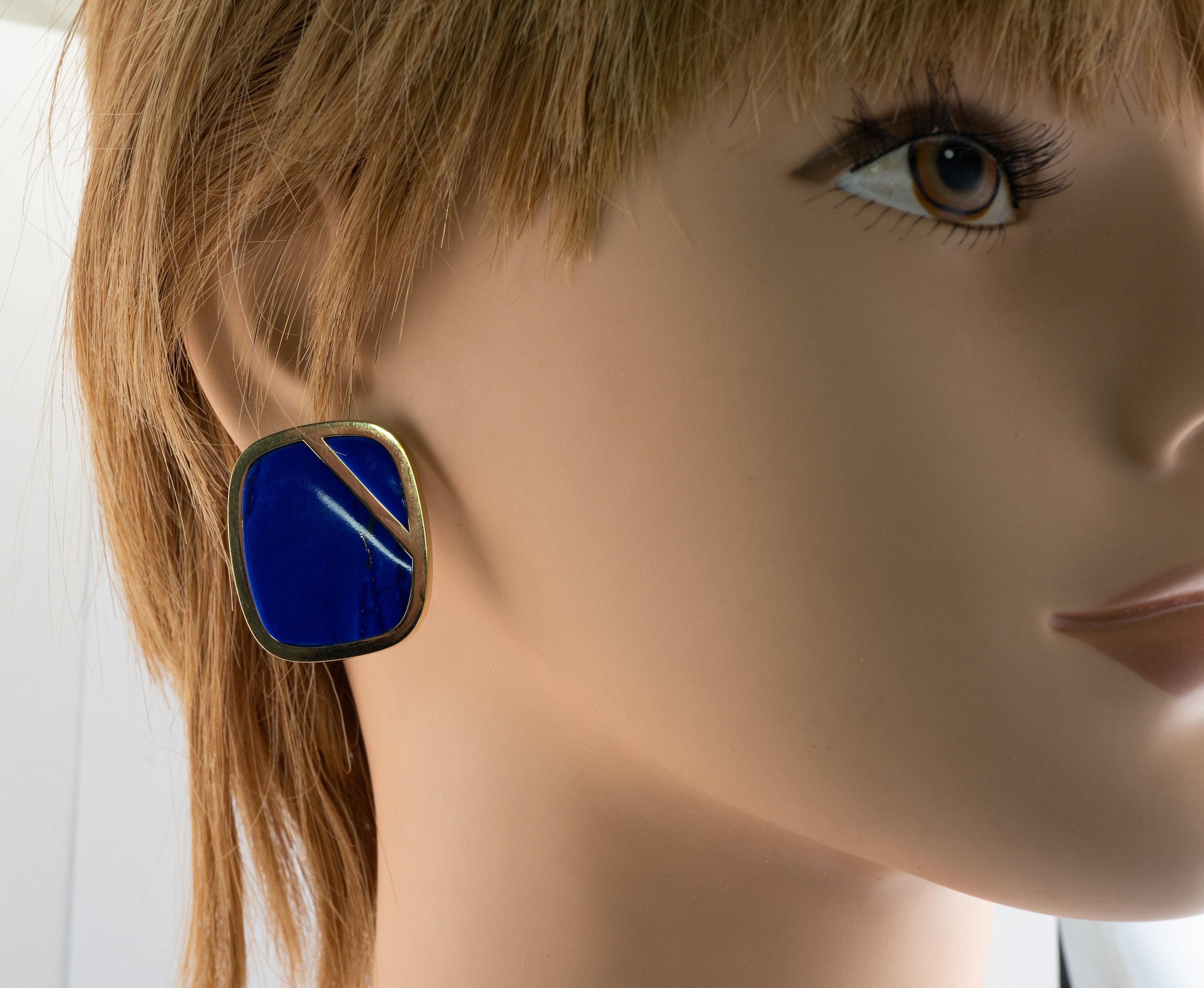 18金ブルーのラピスラズリイヤリング ブルーラピスラズリリング＆イヤリングセット、ヴィンテージ18K