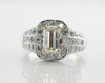 Diamond Ring, 18K White Gold Band Engagement Wedding Emerald cut