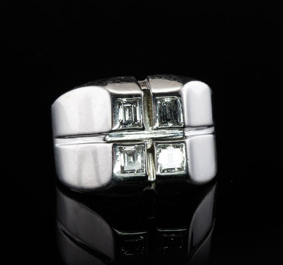 Mens Diamond Ring, Geometric 14K White Gold, Vint… - image 9