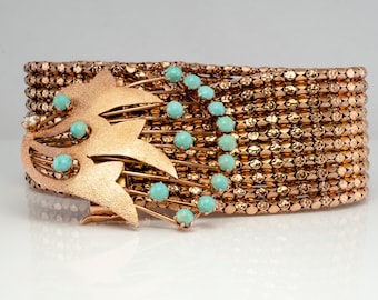 Turquoise Rose Gold Mesh, Cuff Diamond Bracelet