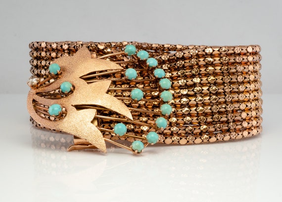 Turquoise Rose Gold Mesh, Cuff Diamond Bracelet - image 1