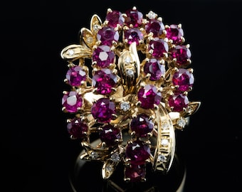 Diamond Ruby Ring, 14K Gold, Floral Flower, Vintage Cocktail