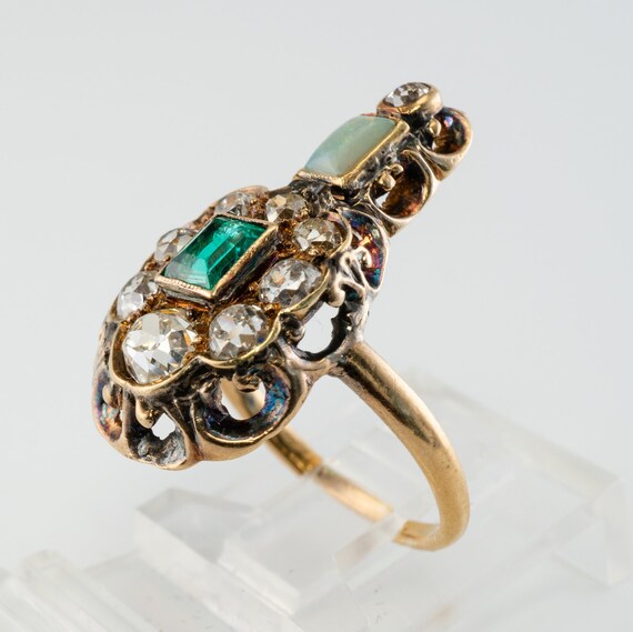 Natural Genuine Opal Diamond Emerald Ring, Antique - image 8