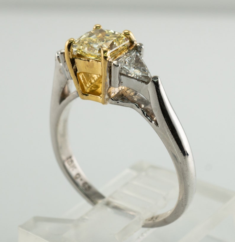 Fancy Yellow Diamond Ring, Vintage 18K White Gold Engagement Wedding Three Stone Ring.
