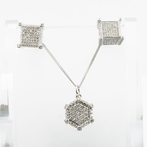 Natural Diamond Necklace Earrings Set, Vintage Geometric Cube 14K White Gold Necklace & Earrings.