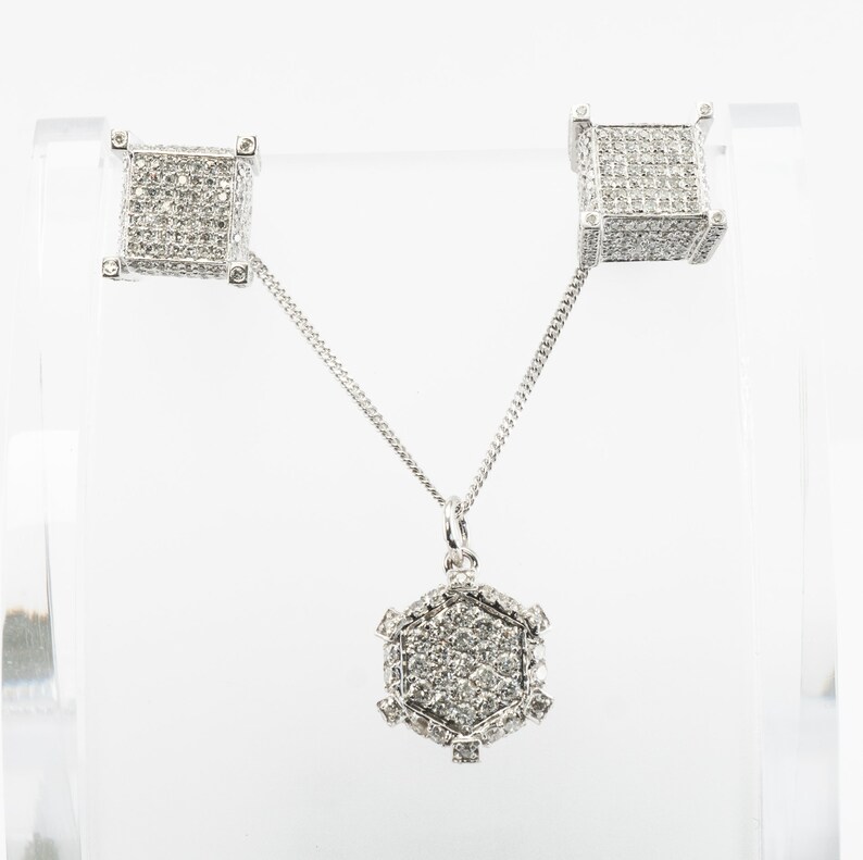 Natural Diamond Necklace Earrings Set, Vintage Geometric Cube 14K White Gold Necklace & Earrings.