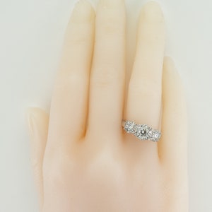 Three Stone Diamond Halo Ring, Vintage 14K Gold Band Engagement Wedding Ring.