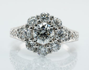 Natural Diamond Ring, Engagement Wedding, 14K White Gold Halo