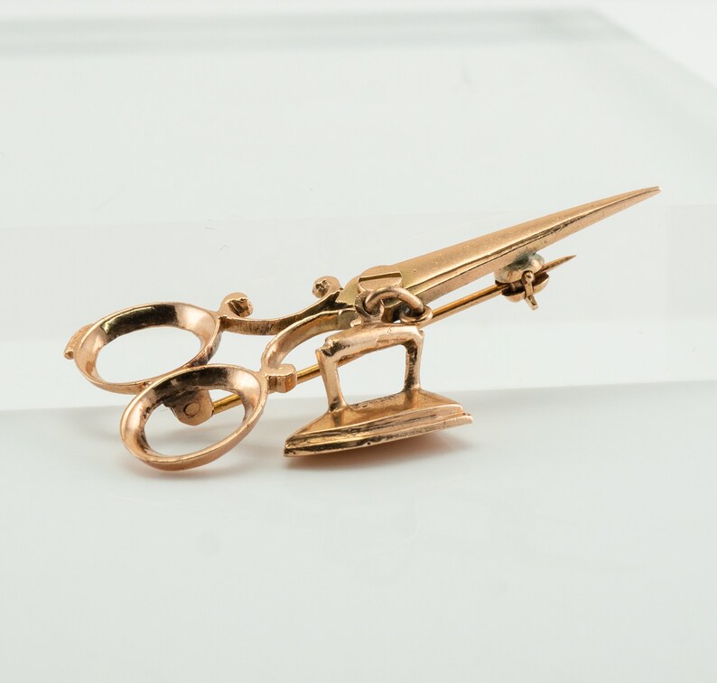 Scissors and Iron Brooch Pin, Vintage 14K Rose Gold image 5