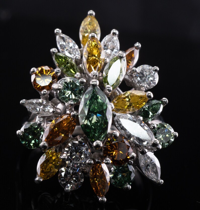 Multicolor Fancy Diamond Cluster Ring, Platinum Cocktail Statement Ring. This gorgeous ring is crafted in Platinum, set with  diamonds of various colors, Green, Orange, Olive & White diamonds.