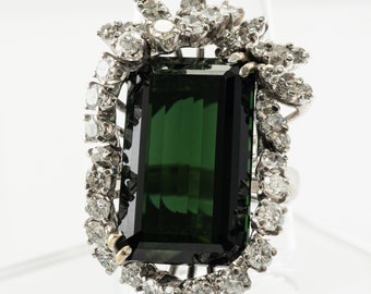 Diamond Green Tourmaline Ring, Cocktail 14K Gold