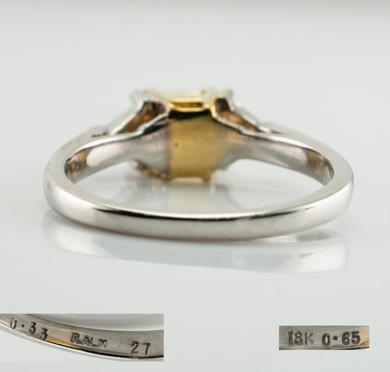 Fancy Yellow Diamond Ring, Vintage 18K White Gold Engagement Wedding Three Stone Ring.