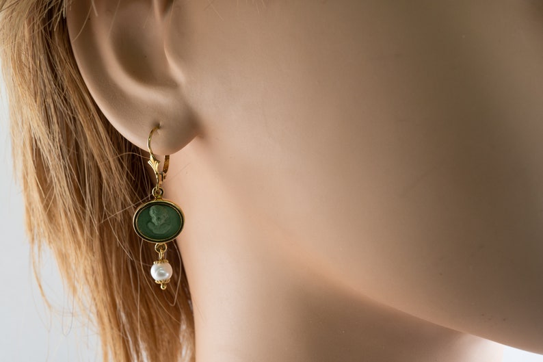 Green Cameo Pearl Earrings, 18K Gold & Lava, Angel Cherub image 8