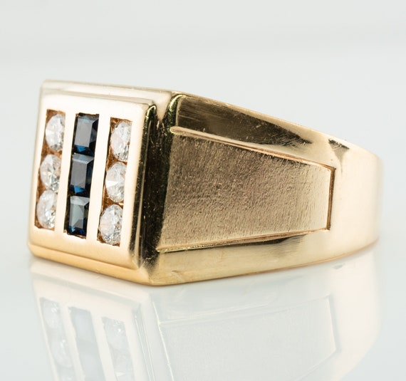 Mens Diamond Sapphire Ring, 14K Gold Band - image 6