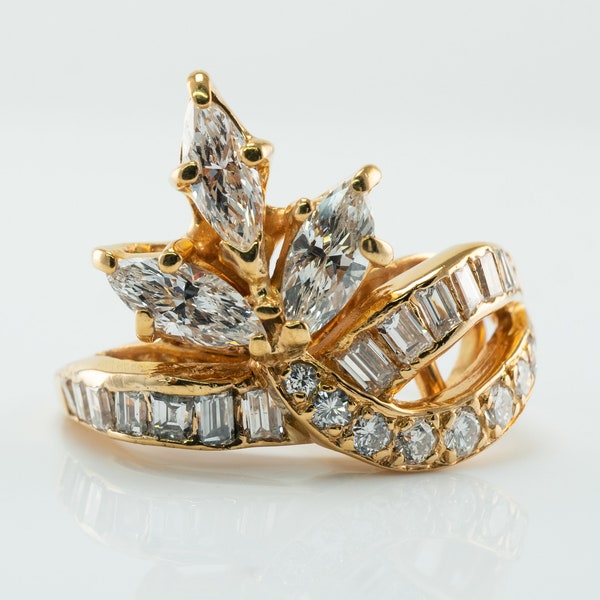 Diamond Flower Ring, Vintage Estate 14K Yellow Gold Floral 1.81 TDW