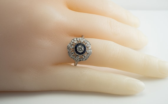 Art Deco Diamond Sapphire Ring, Vintage 14K Gold - image 4