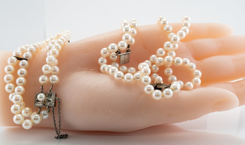 Vintage Mikimoto Pearl & Sterling Silver Bracelet Necklace Set.