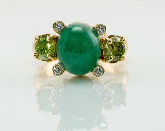 White & Canary Yellow Diamond Emerald Ring, Vintage 18K Gold