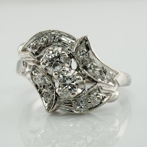 Diamond Ring, Vintage Estate 14K White Gold Floral Statement 1950s