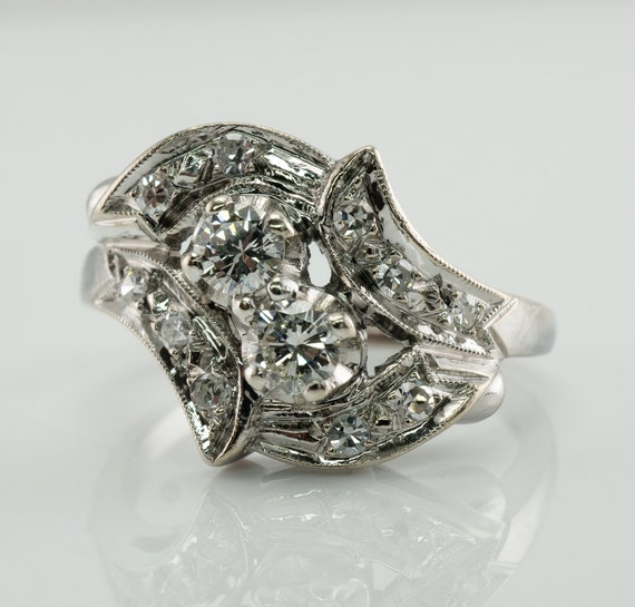 Diamond Ring, Vintage 14K White Gold Floral State… - image 1