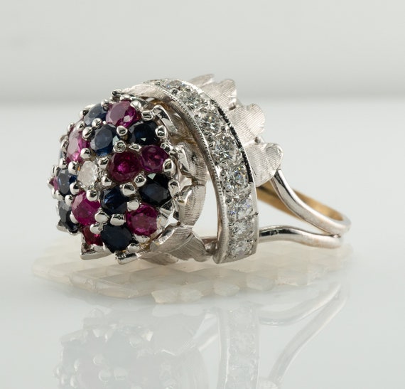 Diamond Ruby Sapphire Ring, Vintage 14K Gold Cock… - image 3