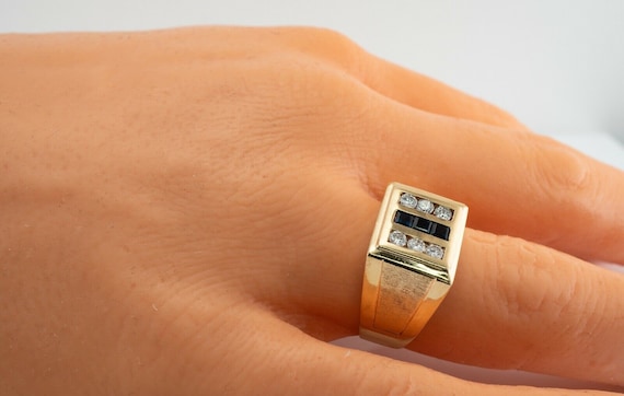 Mens Diamond Sapphire Ring, 14K Gold Band - image 10