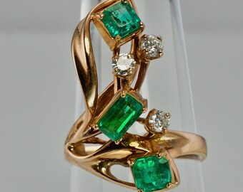 Diamond Colombian Emerald Ring, Vintage 14K Rose Gold
