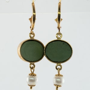 Green Cameo Pearl Earrings, 18K Gold & Lava, Angel Cherub image 4