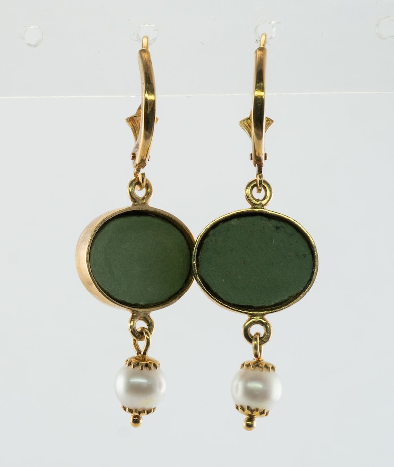 Green Cameo Pearl Earrings, 18K Gold & Lava, Angel Cherub image 4