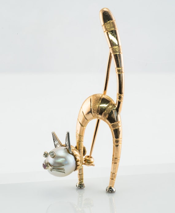 Cat Brooch Pin, Ruby Pearl Diamond, Vintage 14K Gold