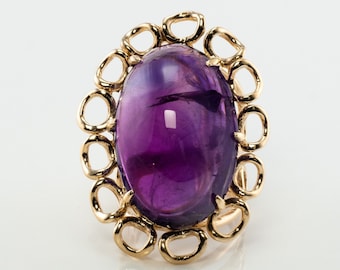 Natural Amethyst Ring Vintage Cabochon 14K Gold Cocktail Ring