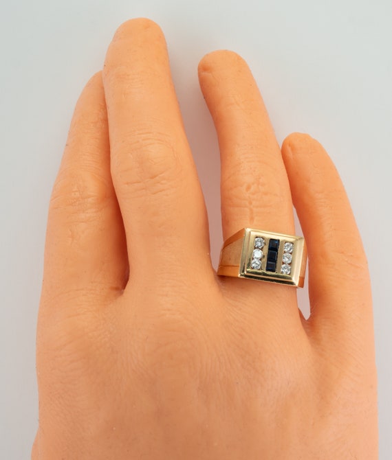 Mens Diamond Sapphire Ring, 14K Gold Band - image 5