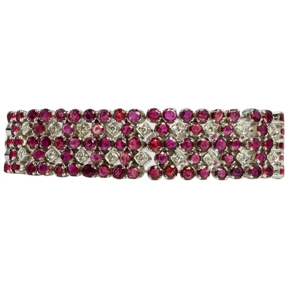 Diamond Ruby Bracelet, Vintage Estate 14K White G… - image 1