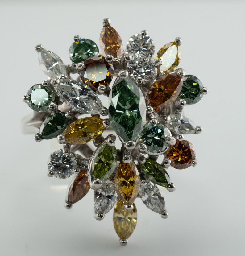 Multicolor Fancy Diamond Cluster Ring, Platinum Cocktail Statement Ring. This gorgeous ring is crafted in Platinum, set with  diamonds of various colors, Green, Orange, Olive & White diamonds.