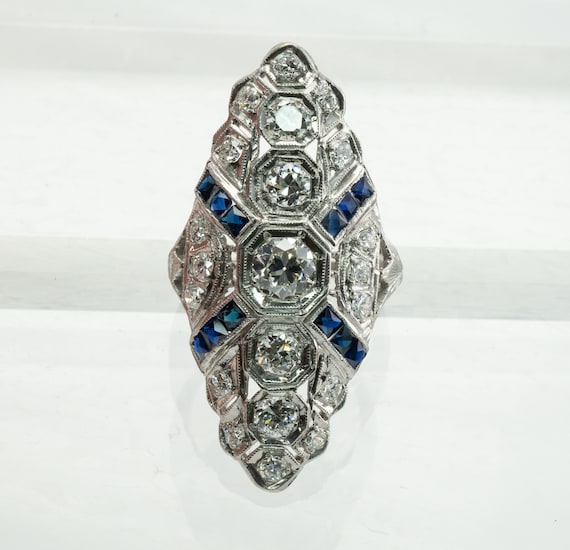 Edwardian Diamond Sapphire Ring, Antique Platinum… - image 9