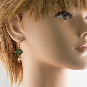Green Cameo Pearl Earrings, 18K Gold & Lava, Angel Cherub image 3