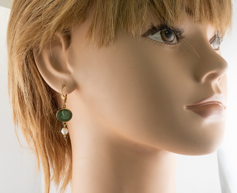 Green Cameo Pearl Earrings, 18K Gold & Lava, Angel Cherub image 3