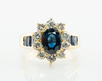 Diamond Sapphire Ring Vintage 14K Gold Flower | Etsy