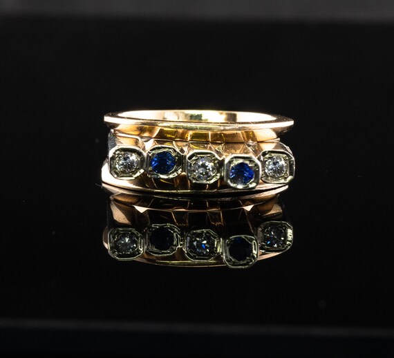 Diamond Sapphire Ring, Vintage Gold Band, Estate - image 2