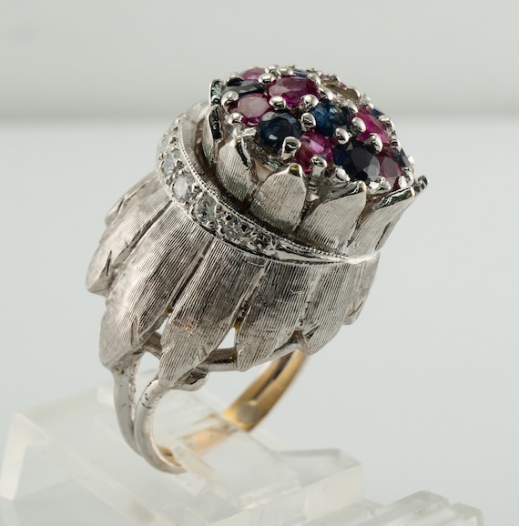 Diamond Ruby Sapphire Ring, Vintage 14K Gold Cock… - image 8
