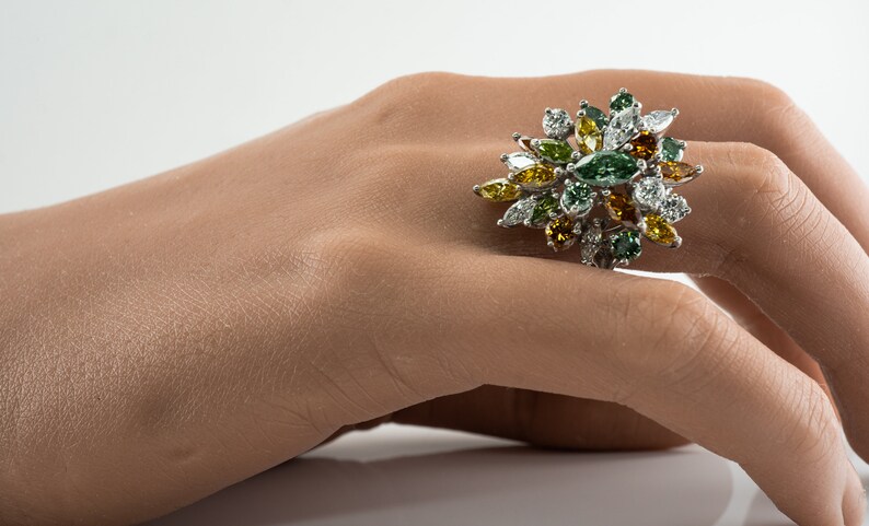 Multicolor Fancy Diamond Cluster Ring, Platinum Cocktail Statement Ring. This gorgeous ring is crafted in Platinum, set with  diamonds of various colors, Green, Orange, Olive & White diamonds.
