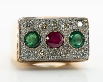 Mens Diamond Ruby Emerald Ring, Geometric Gold Band