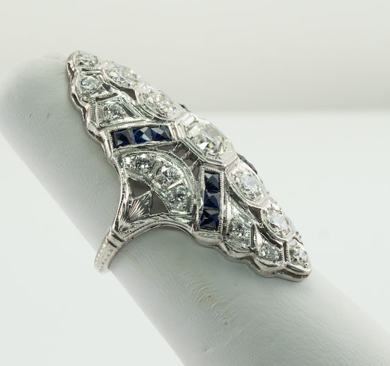 Edwardian Diamond Sapphire Ring, Antique Platinum… - image 6