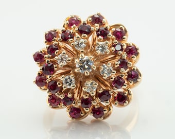 Vintage 14K Yellow Gold Diamond & Ruby Floral Cluster Cocktail Ring - Etsy