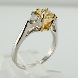 Fancy Yellow Diamond Ring, Vintage 18K White Gold Engagement Wedding Three Stone Ring.