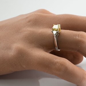 Fancy Yellow Diamond Ring, Vintage 18K White Gold Engagement Wedding Three Stone Ring.